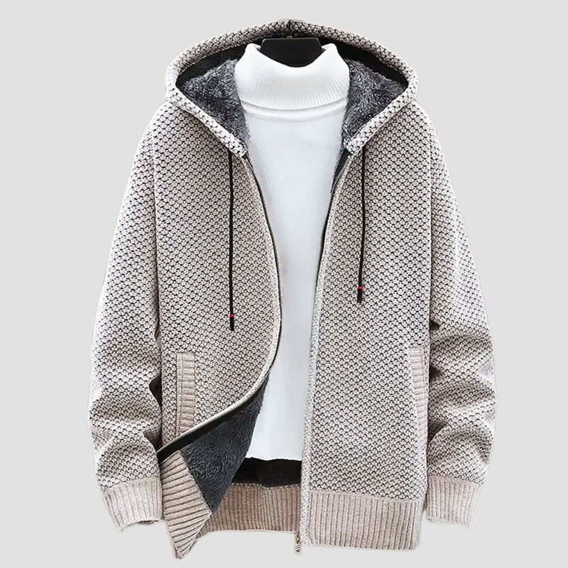 Men’s Fleece-Lined Jacquard Knit Hoodie with Zip Front