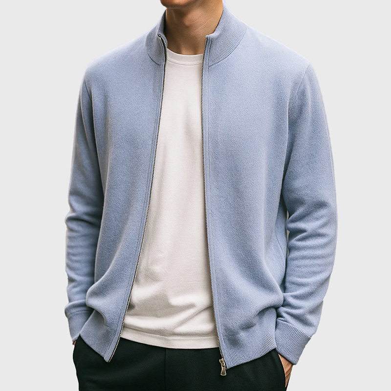 Men’s Wool Zip-Up Cardigan with Stand Collar