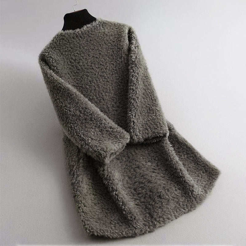 Women’s Mid-Length Faux Shearling Coat with Hidden Buttons